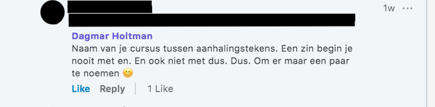 Printscreen social media reactie tekstschrijver